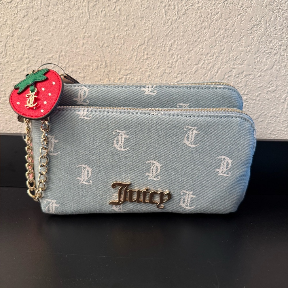Juicy Couture Denim Wristlet Wallet with Strawberry Charm NWT